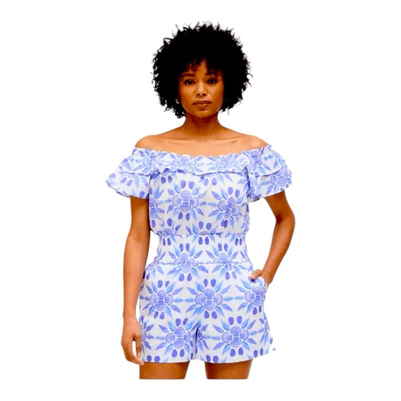 HILL HOUSE | Augustine Off-Shoulder Ruffle Top in Blue Shell Mosaic, Size Medium - Picture 1 of 8